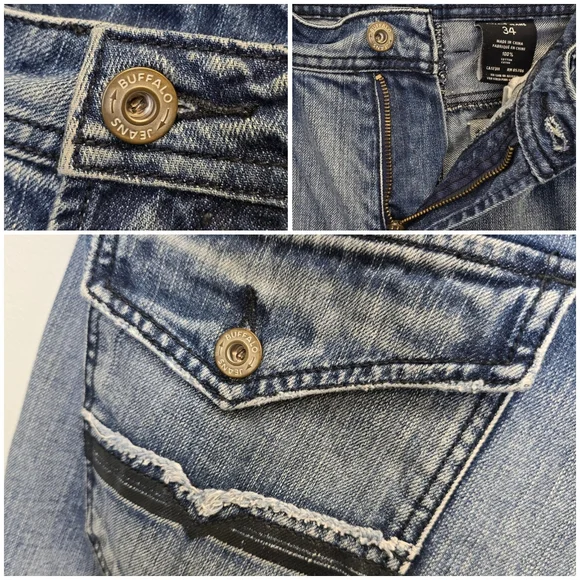 Buffalo Men's 34 Relaxed Fit Distressed Blue Denim Jeans Flap Pockets